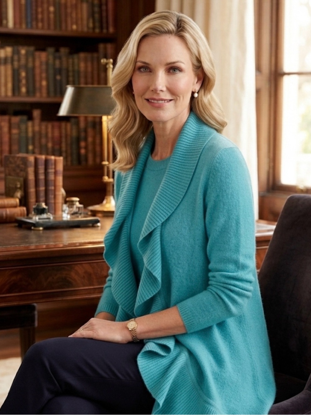 Ruffle-Front Teal Shawl Collar Cardigan Sweater
